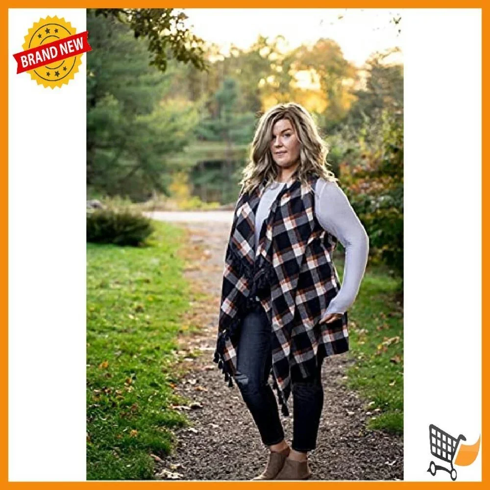Sleeveless Plaid Asymmetrical Hem Cardigan Vest, Lightweight Draped Open Front